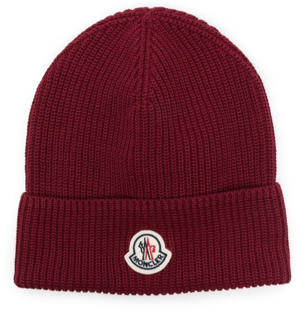 Moncler ribbed logo beanie burgundy mens